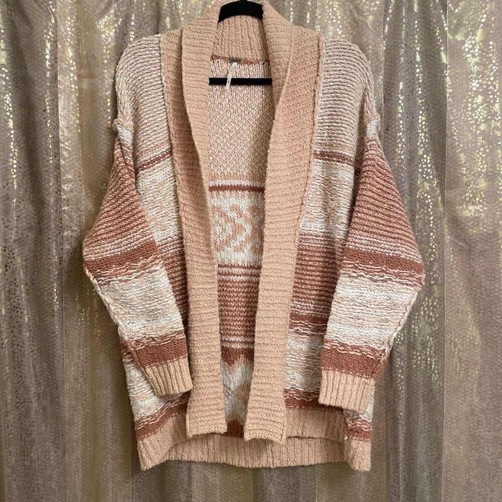 Free People Cozy Cabin Chunky Knit Boho Ivory Peach Cardigan Sweater Oversized X
